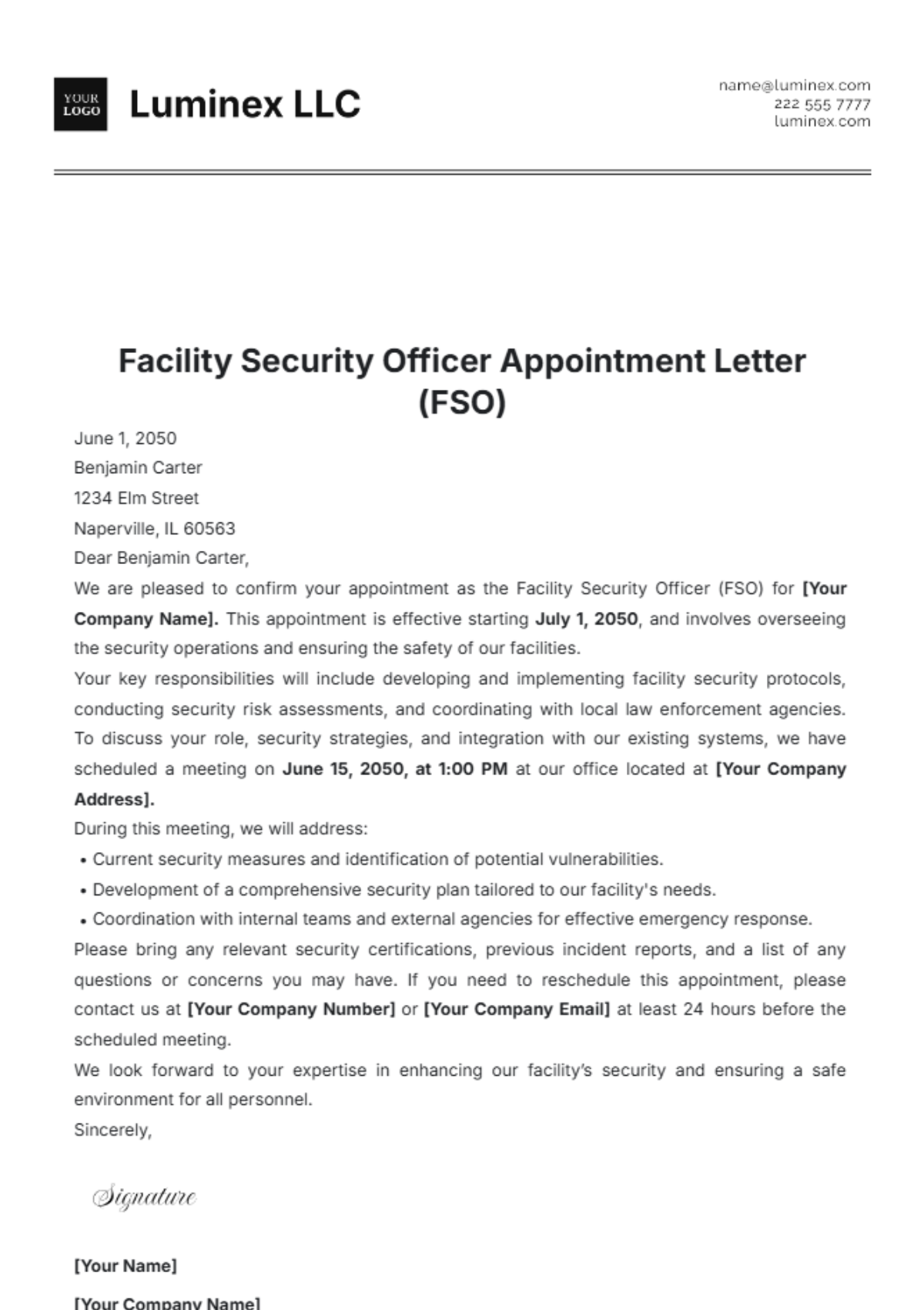 Facility Security Officer Appointment Letter (FSO) Template