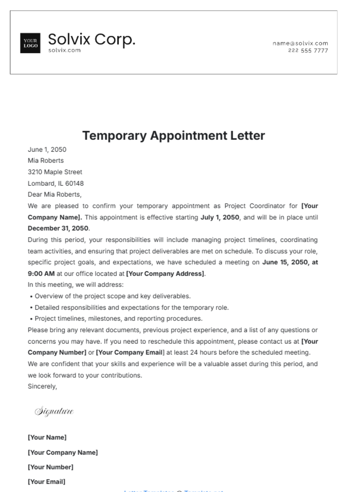 Temporary Appointment Letter Template