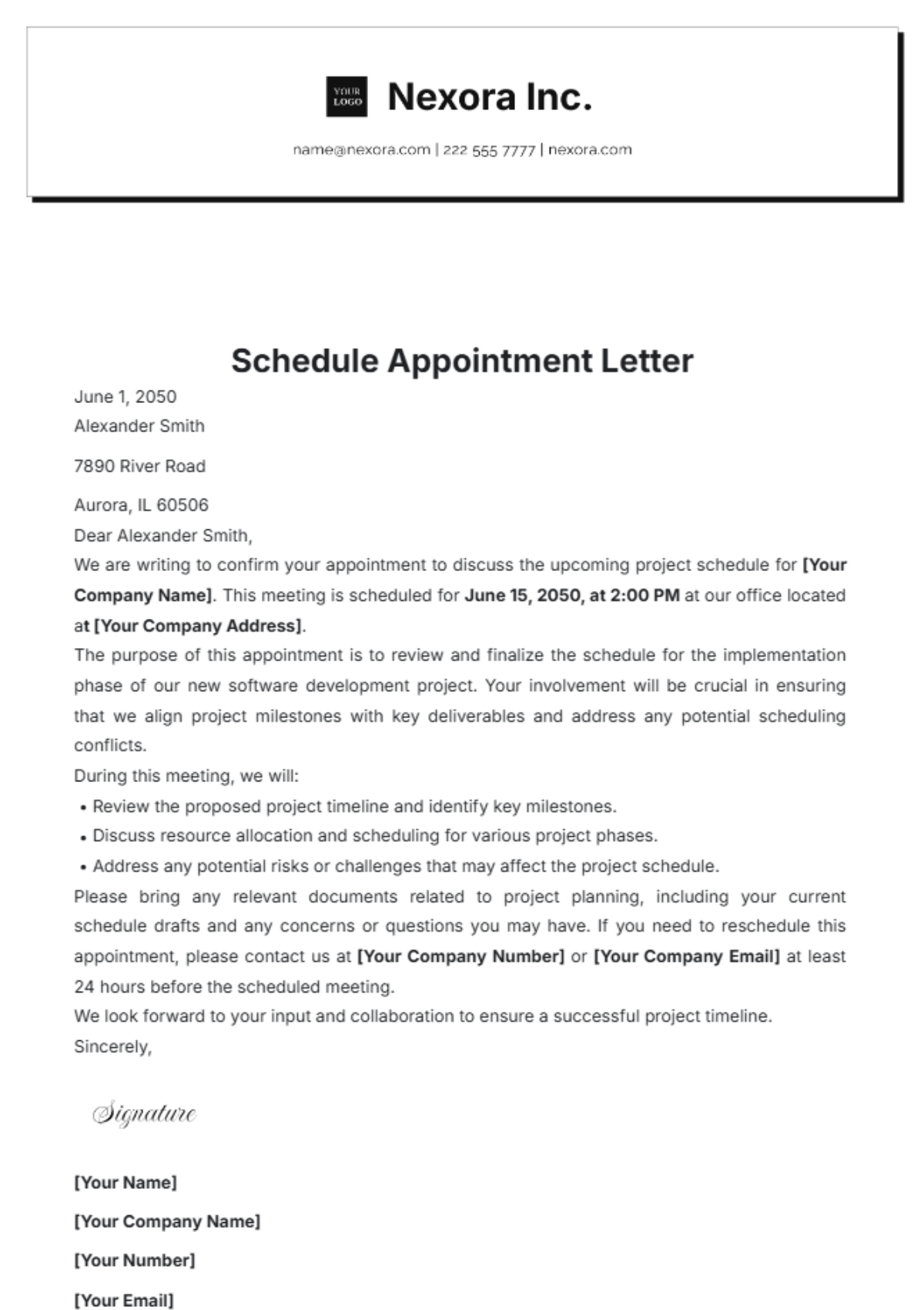 Schedule Appointment Letter Template