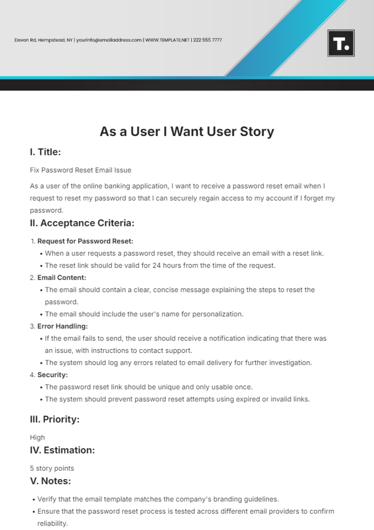 As a User I Want User Story Template - Edit Online & Download