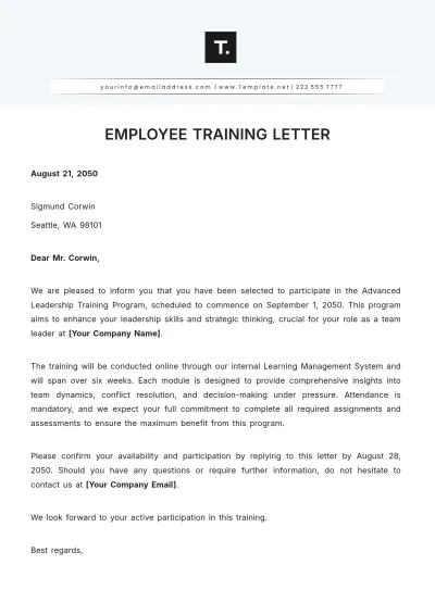 Free Employee Training Letter Template to Edit Online