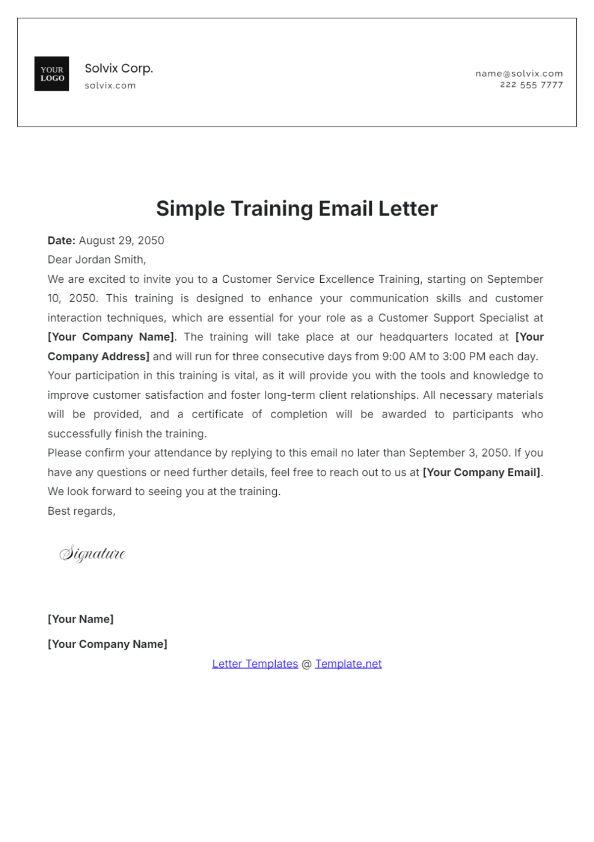 Simple Training Email Letter Template