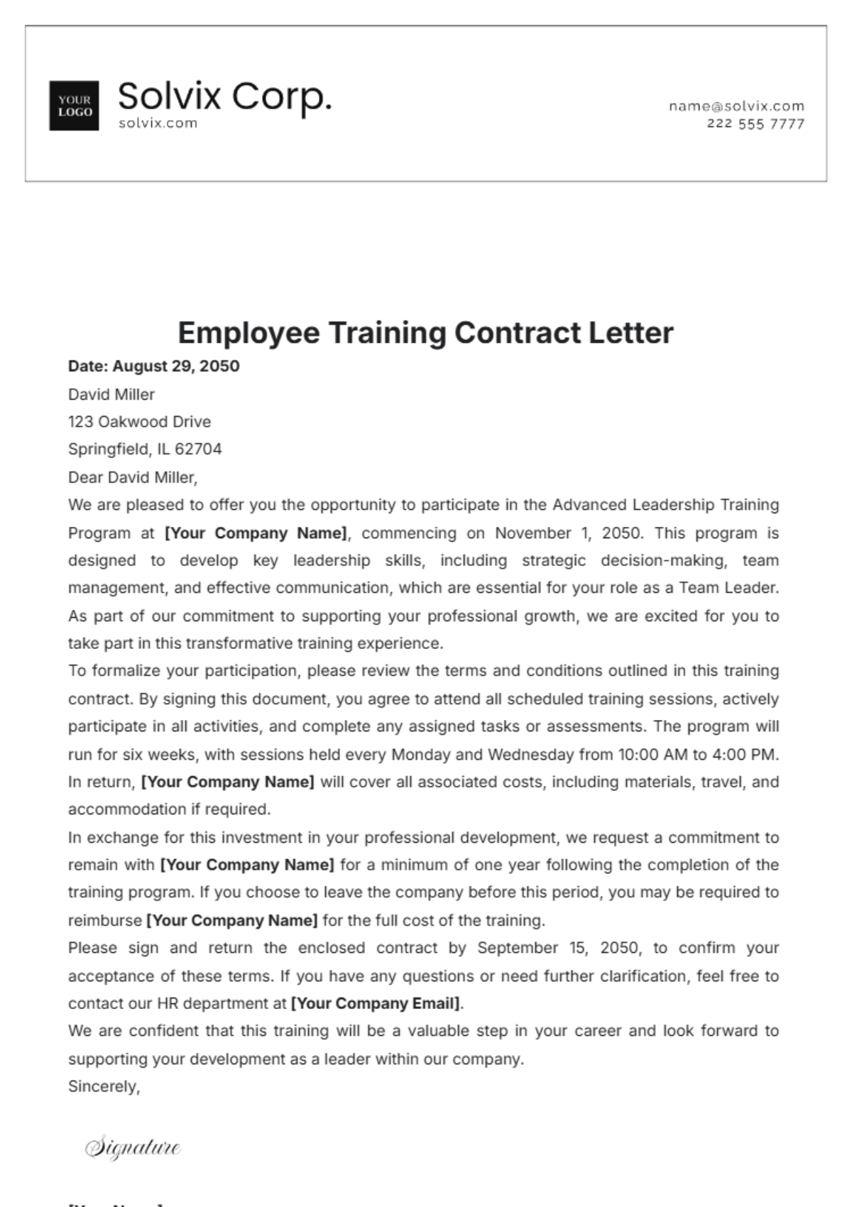 Employee Training Contract Letter Template