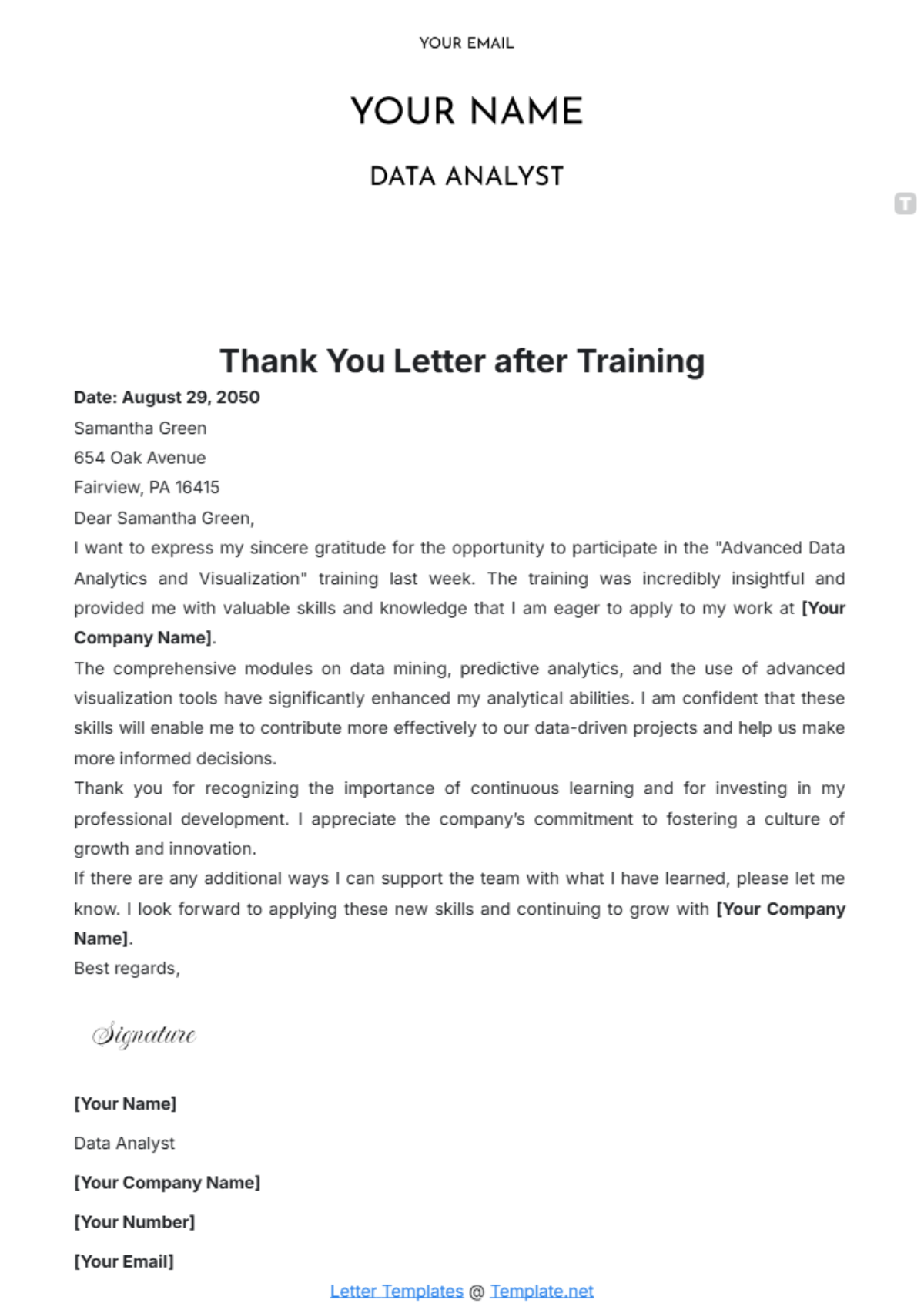 Thank You Letter after Training Template