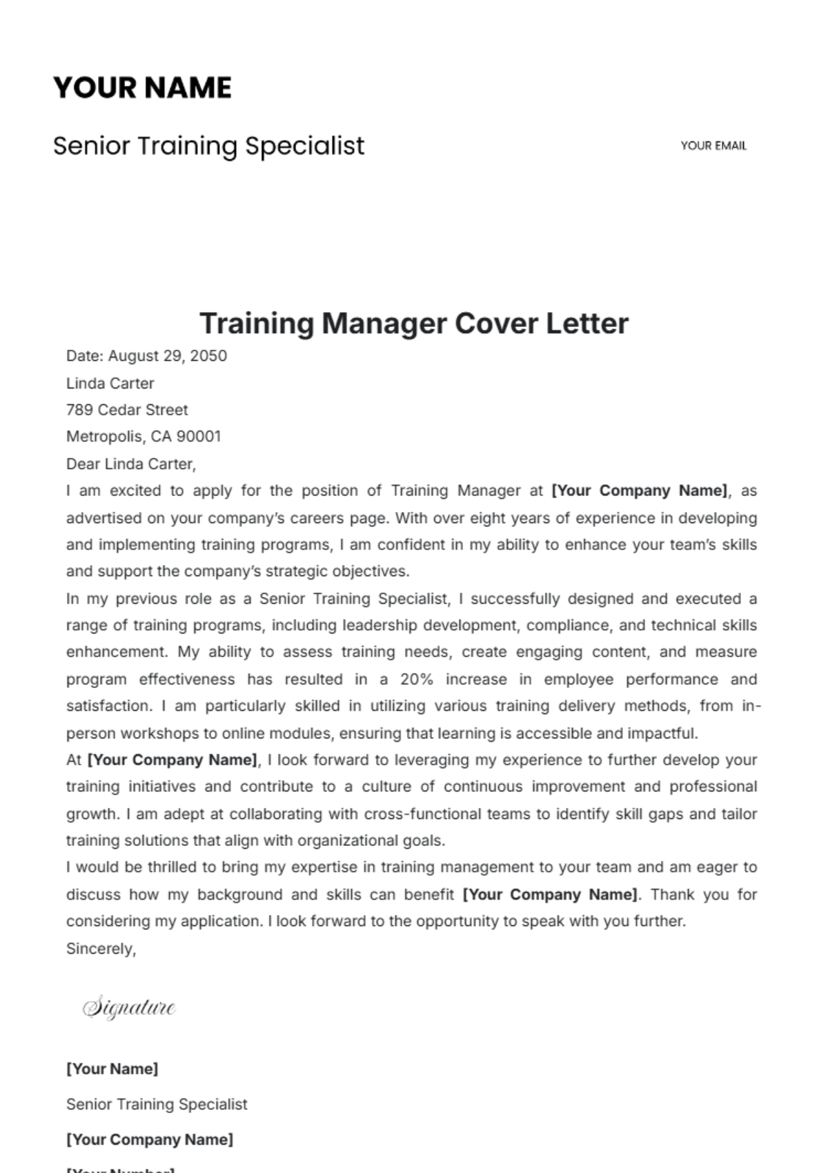 Training Manager Cover Letter Template