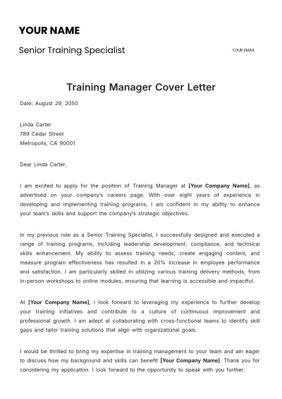 Free Training Manager Cover Letter Template to Edit Online
