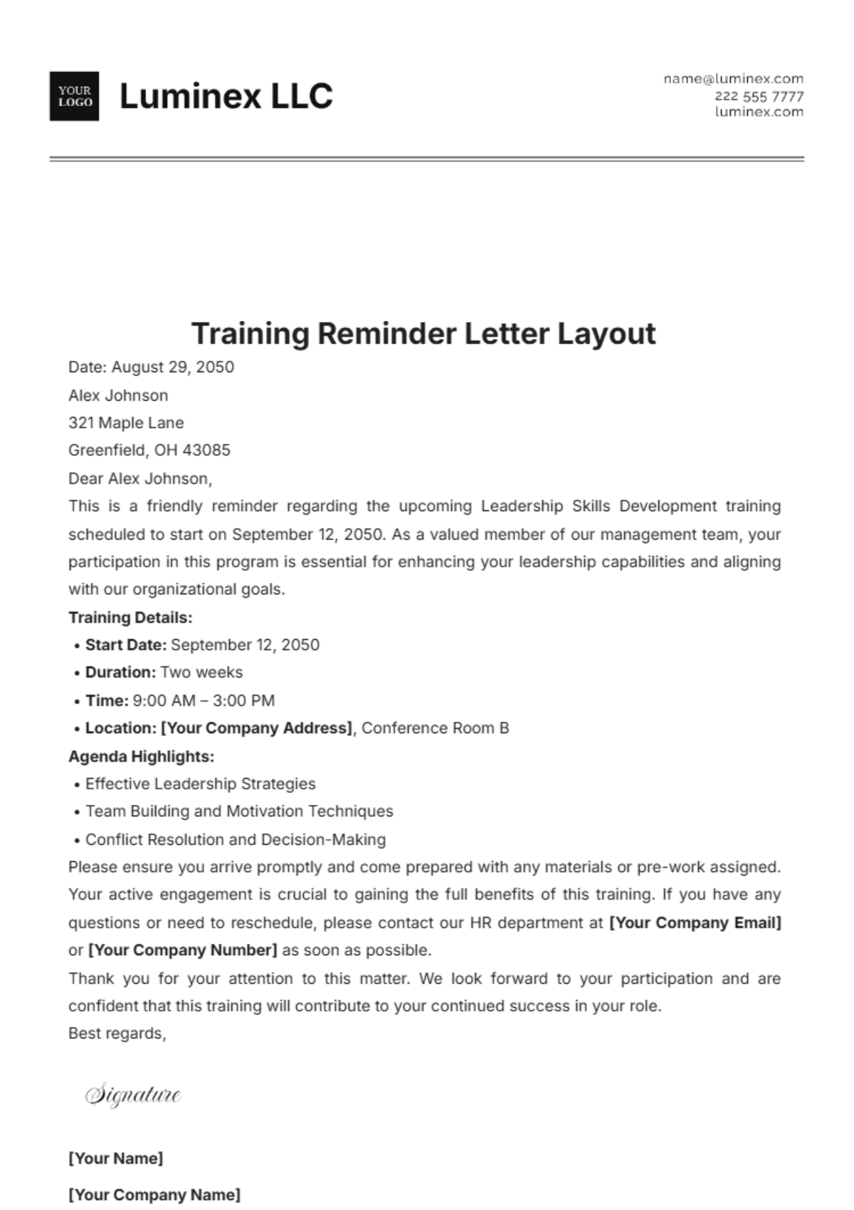 Training Reminder Letter Layout Template - Edit Online & Download