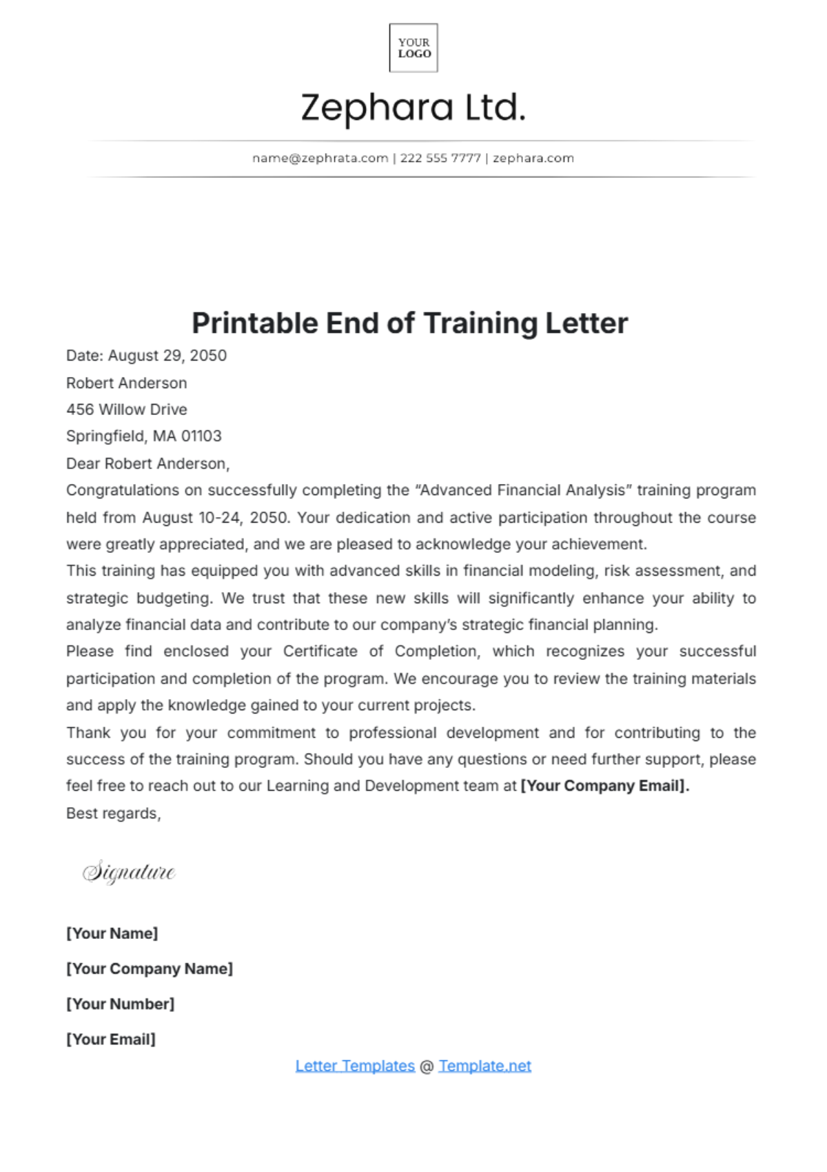 Printable End of Training Letter Template - Edit Online & Download