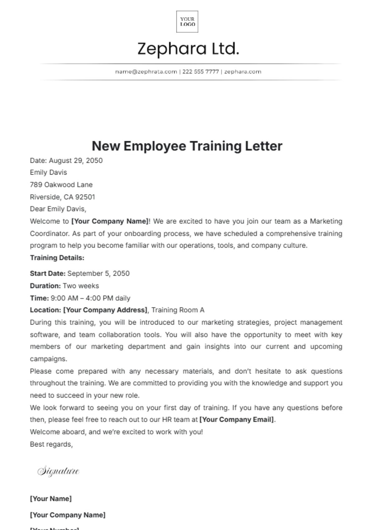 New Employee Training Letter Template