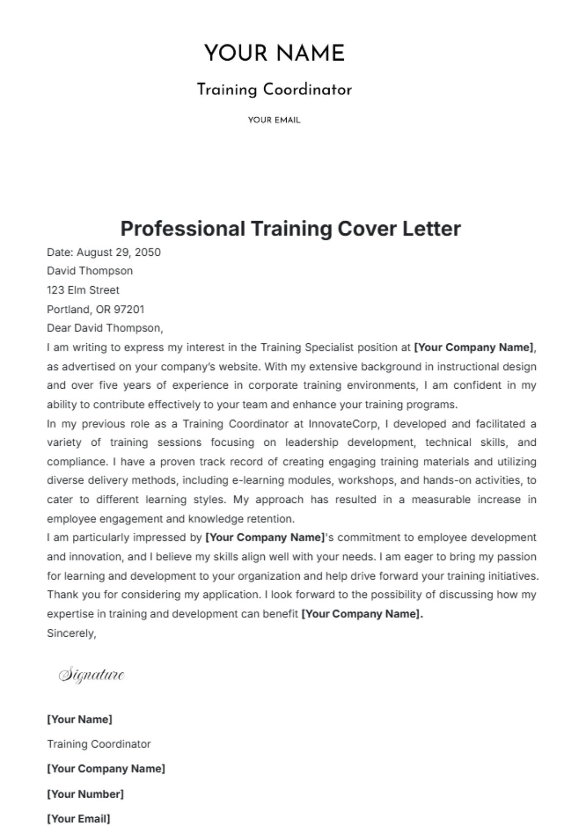 Professional Training Cover Letter Template