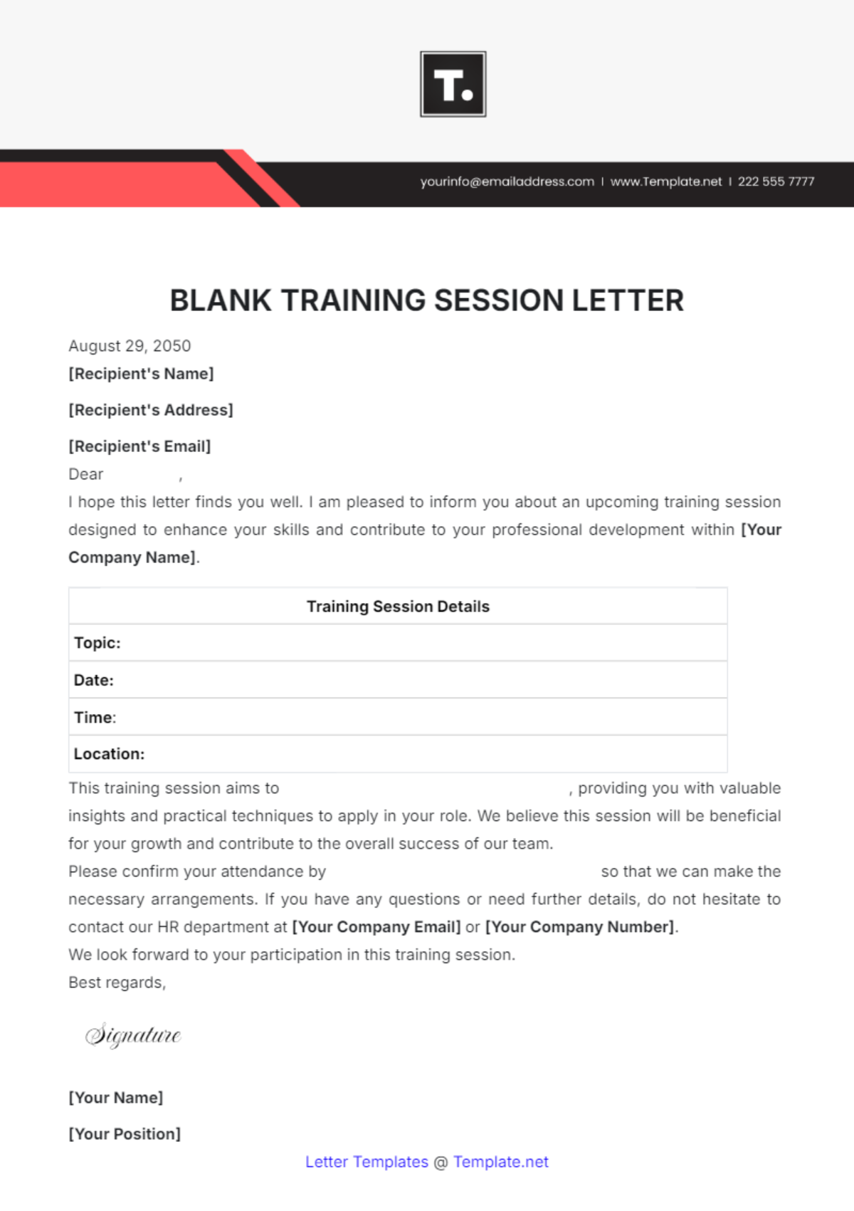 Blank Training Session Letter Template