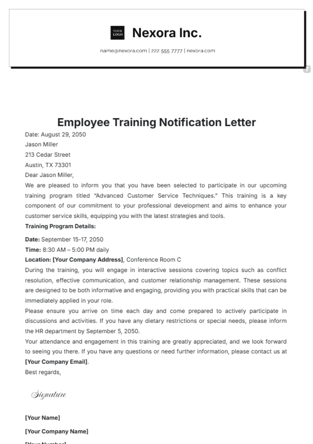 Employee Training Notification Letter Template