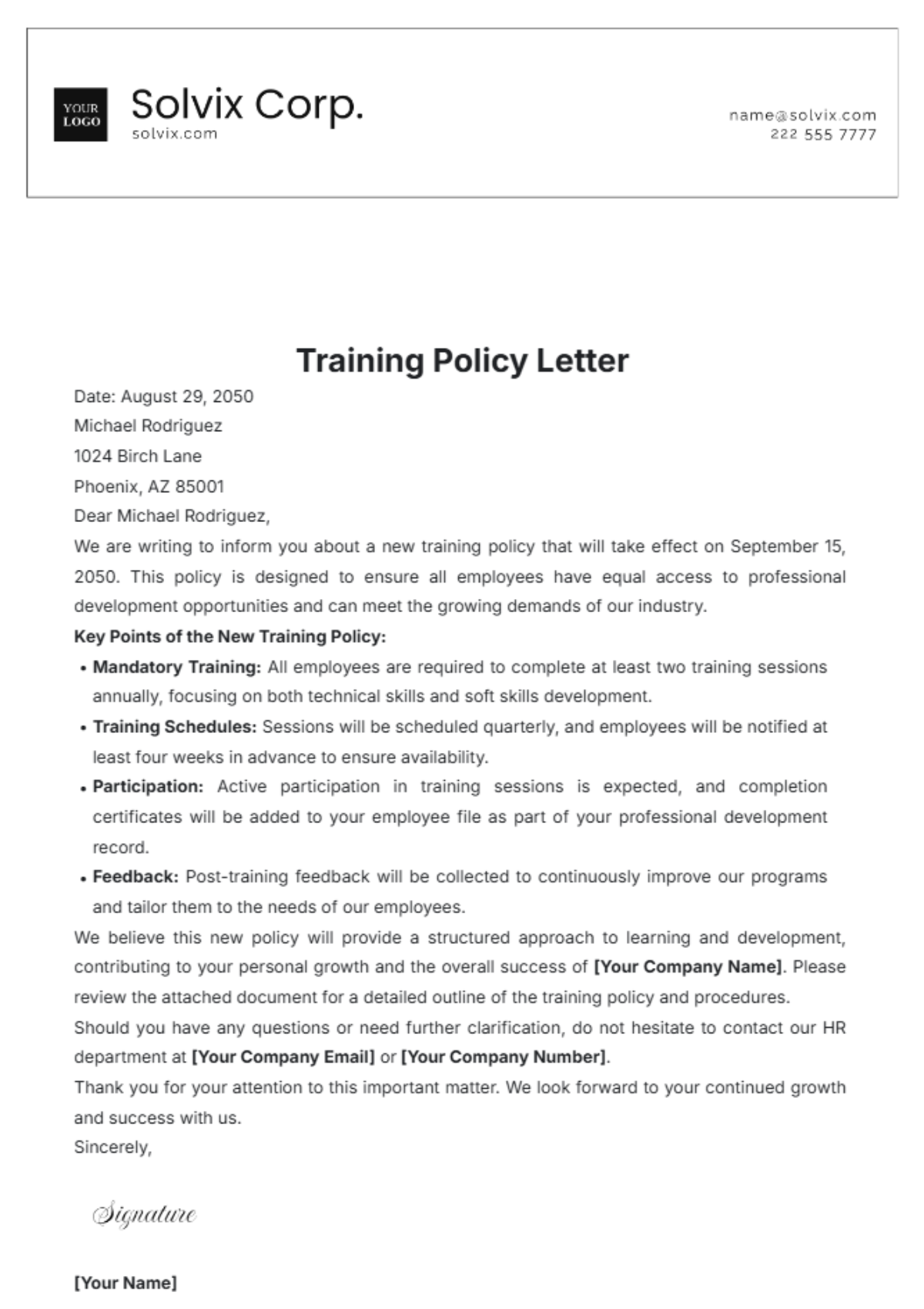 Training Policy Letter Template