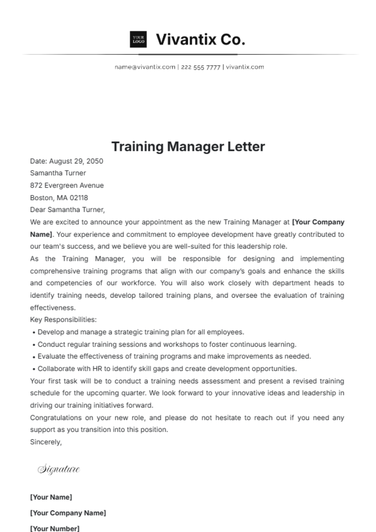 Training Manager Letter Template