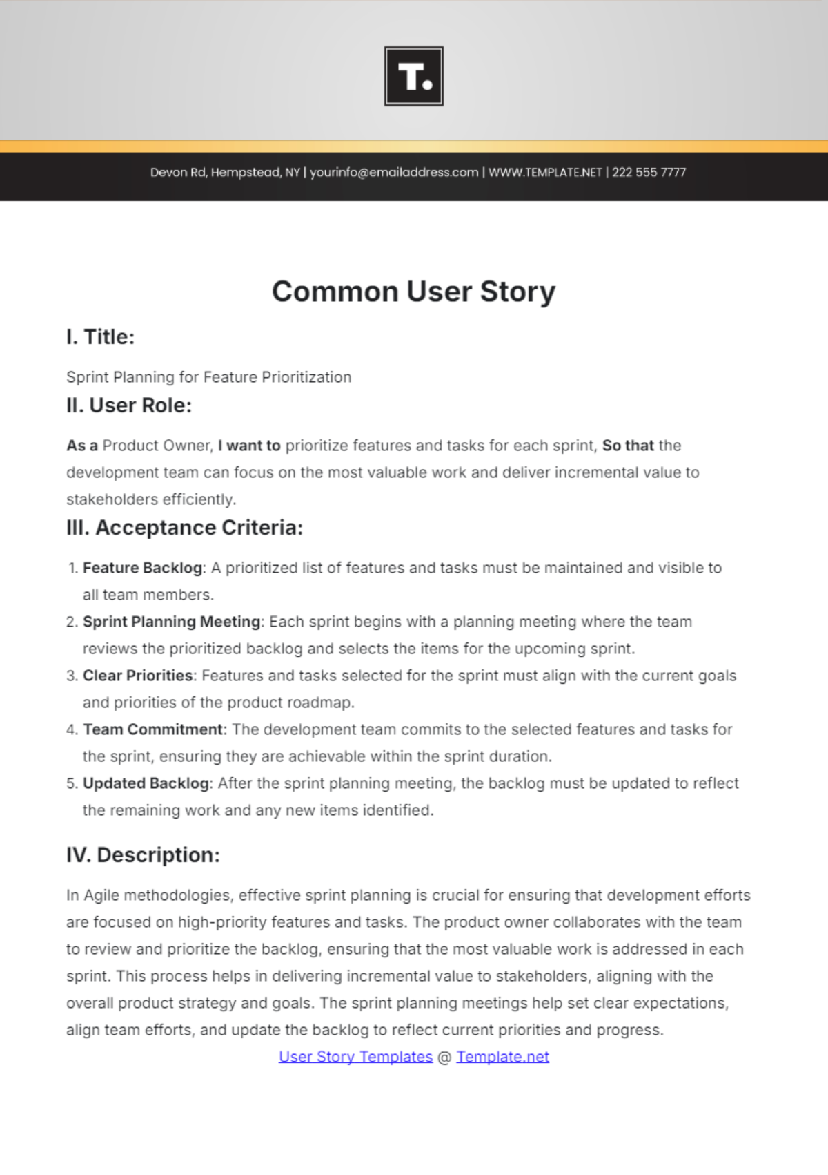 Common User Story Template - Edit Online & Download