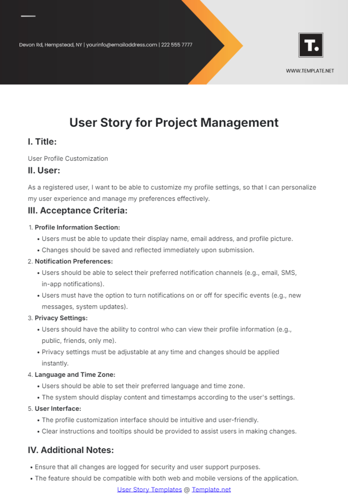 User Story for Project Management Template - Edit Online & Download