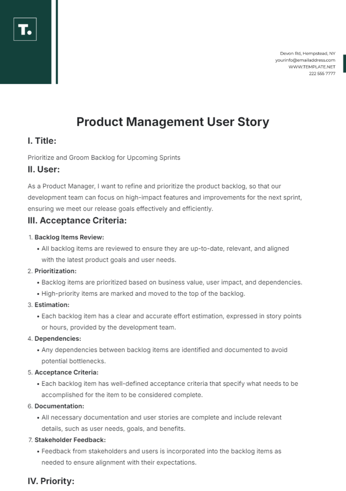 Product Management User Story Template - Edit Online & Download