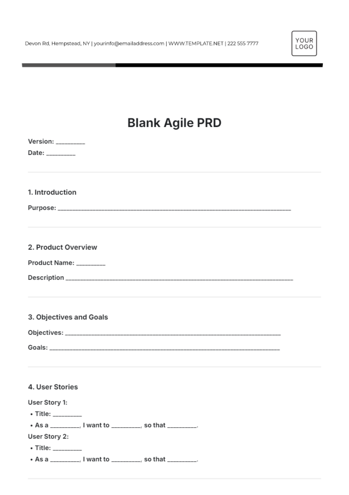 Blank Agile PRD Template - Edit Online & Download