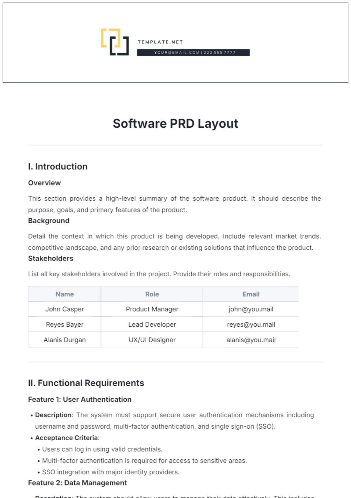 Software PRD Layout Template - Edit Online & Download