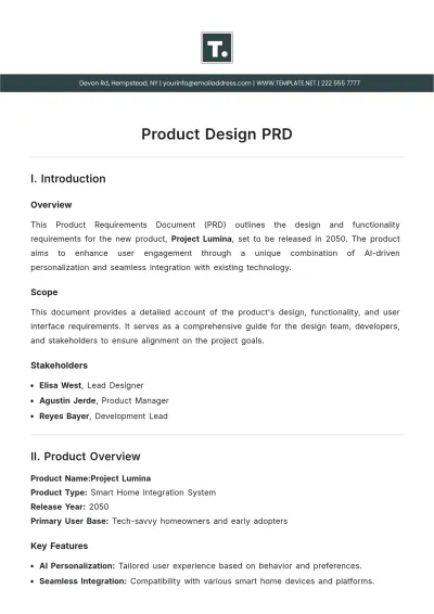 Free Product Design PRD Template to Edit Online | Template.net to Edit Online