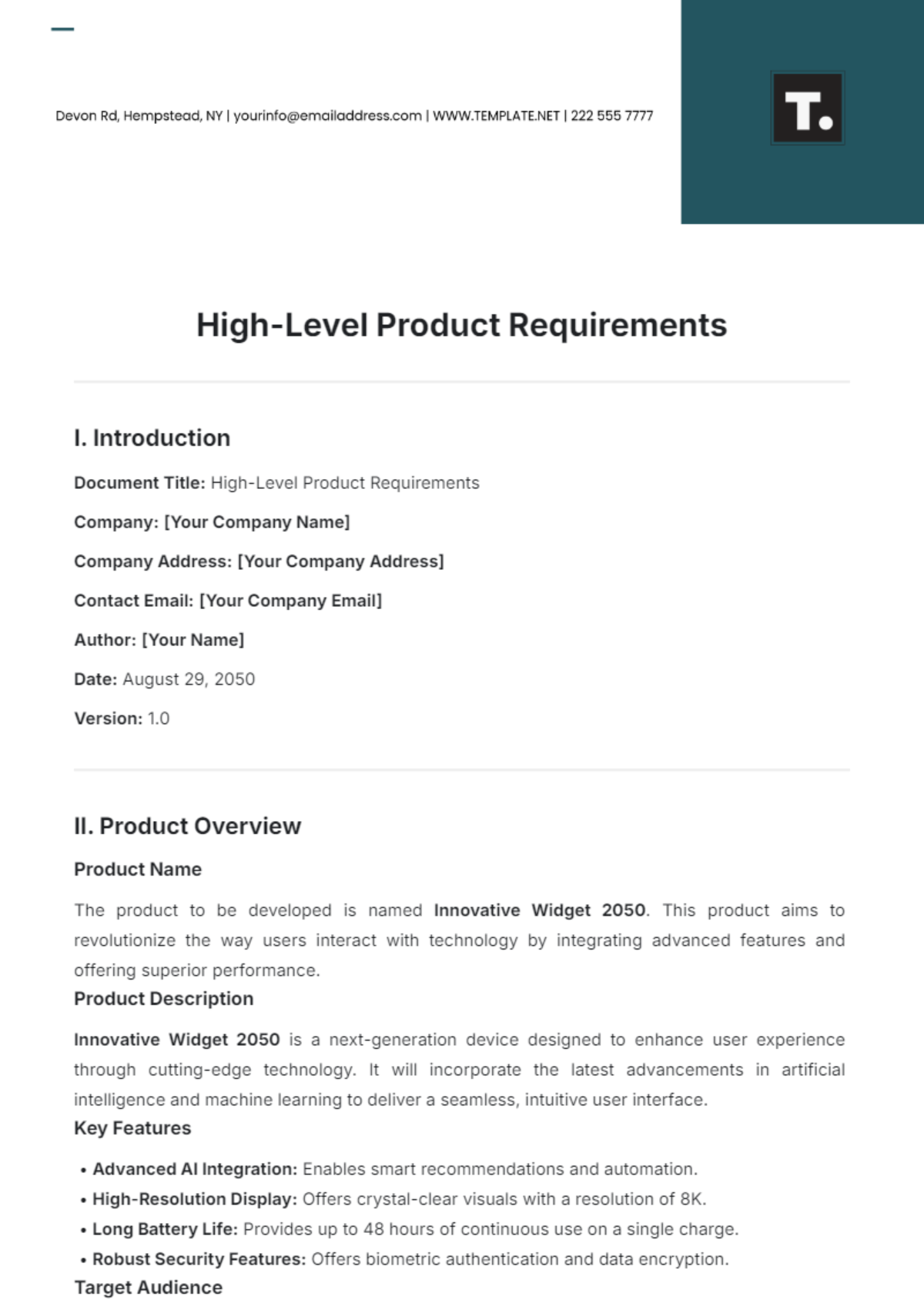 High-Level Product Requirements Template - Edit Online & Download