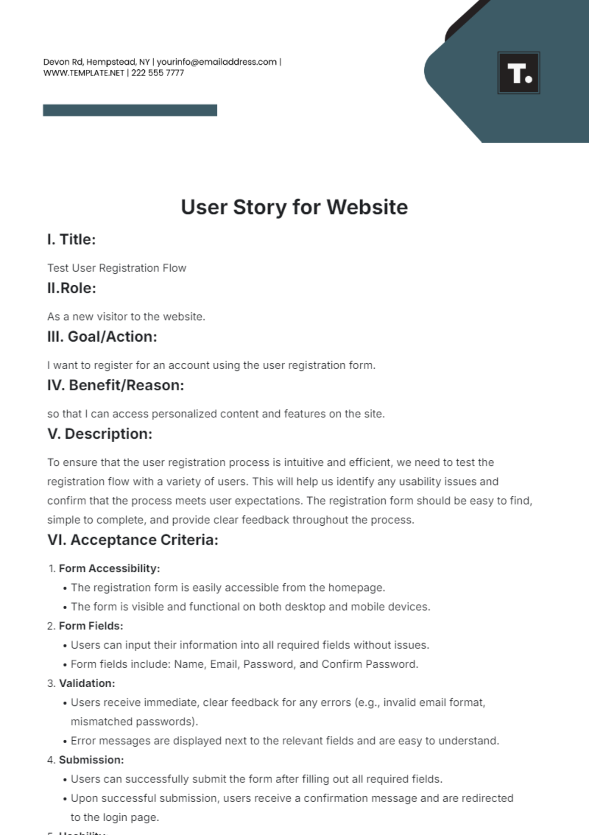 User Story for Website Template - Edit Online & Download