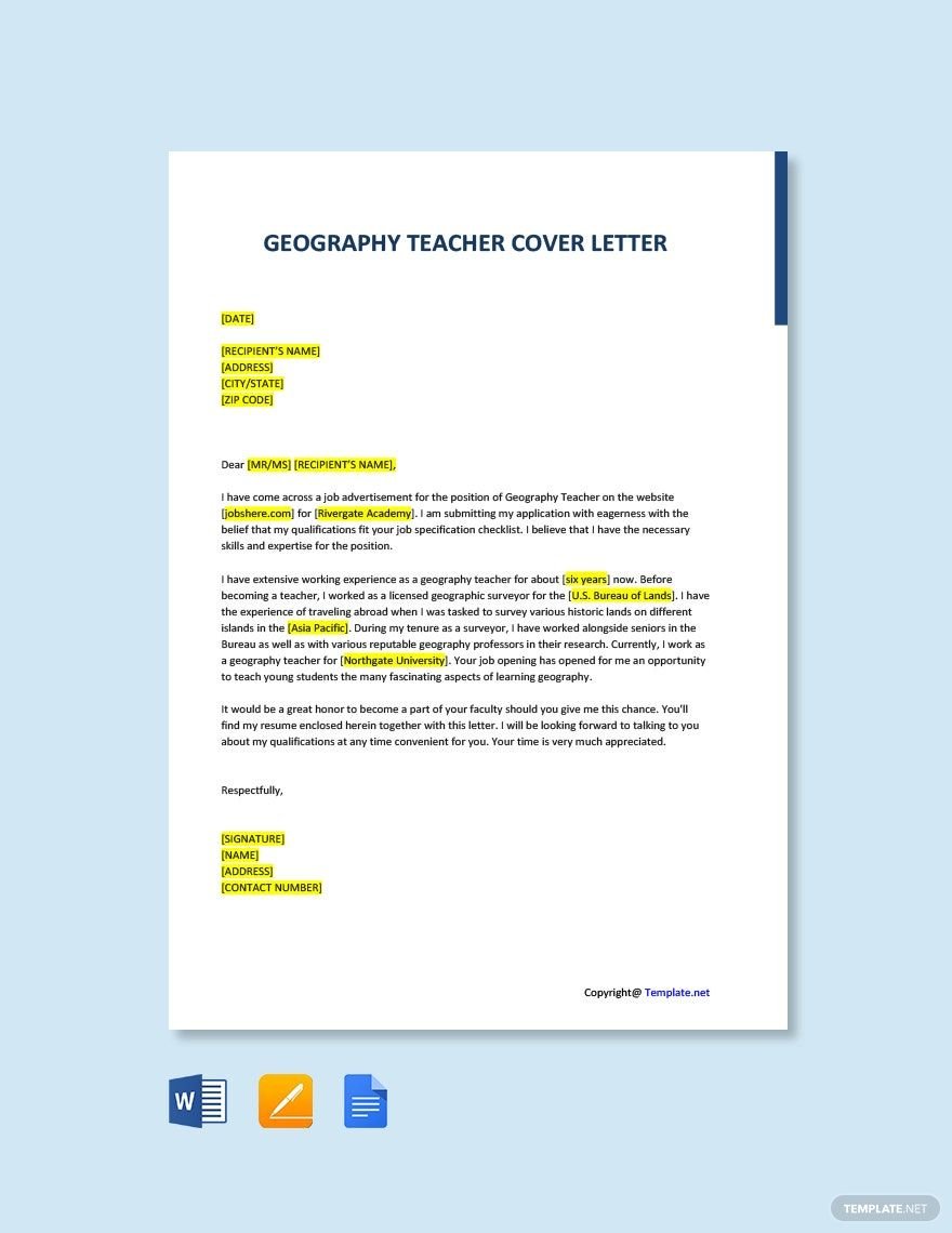Geography Teacher Cover Letter in Word, Google Docs, PDF, Apple Pages