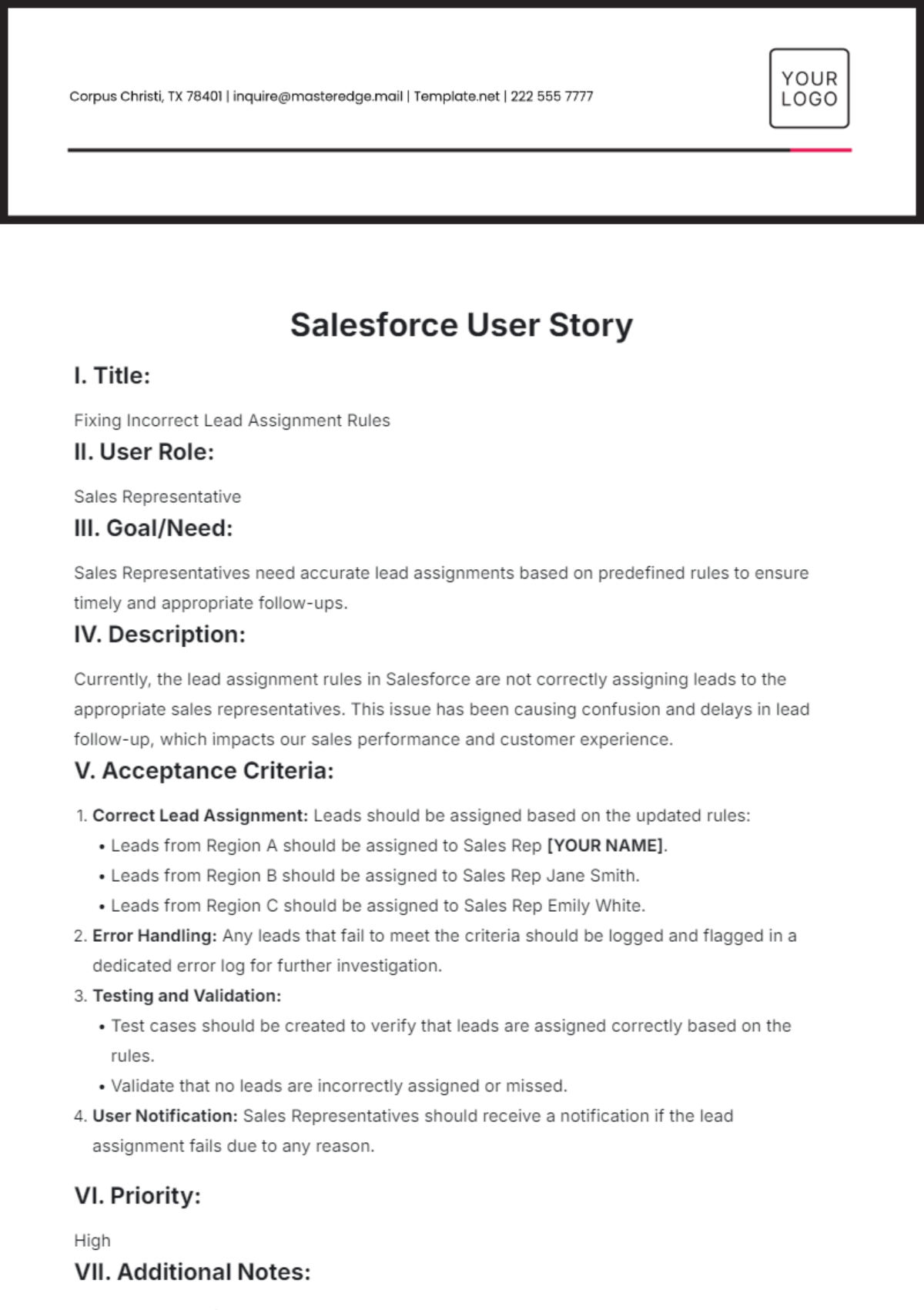 Salesforce User Story Template - Edit Online & Download