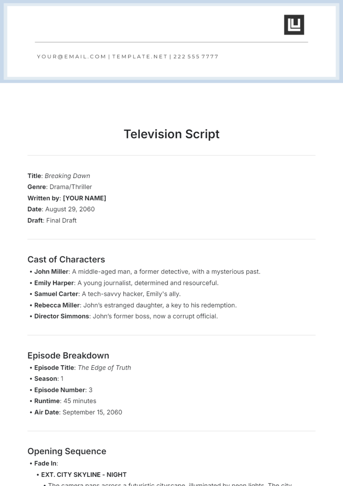 Television Script Template - Edit Online & Download