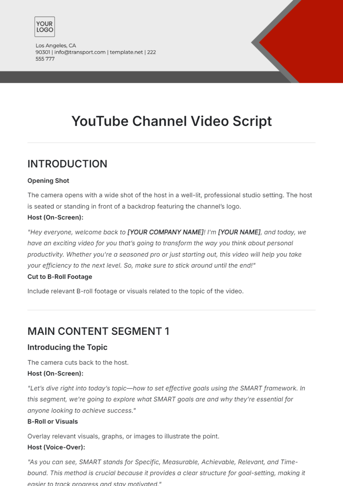 YouTube Channel Video Script Template - Edit Online & Download