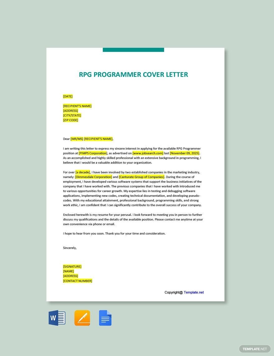 RPG Programmer Cover Letter in Word, Google Docs, PDF, Apple Pages