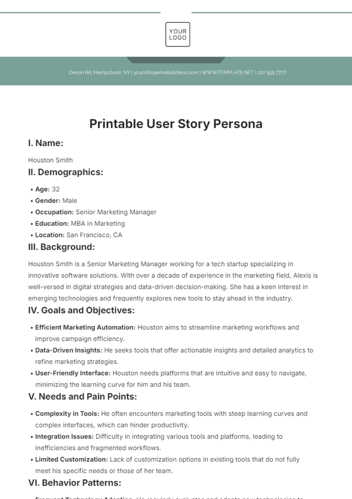 Printable User Story Persona Template - Edit Online & Download