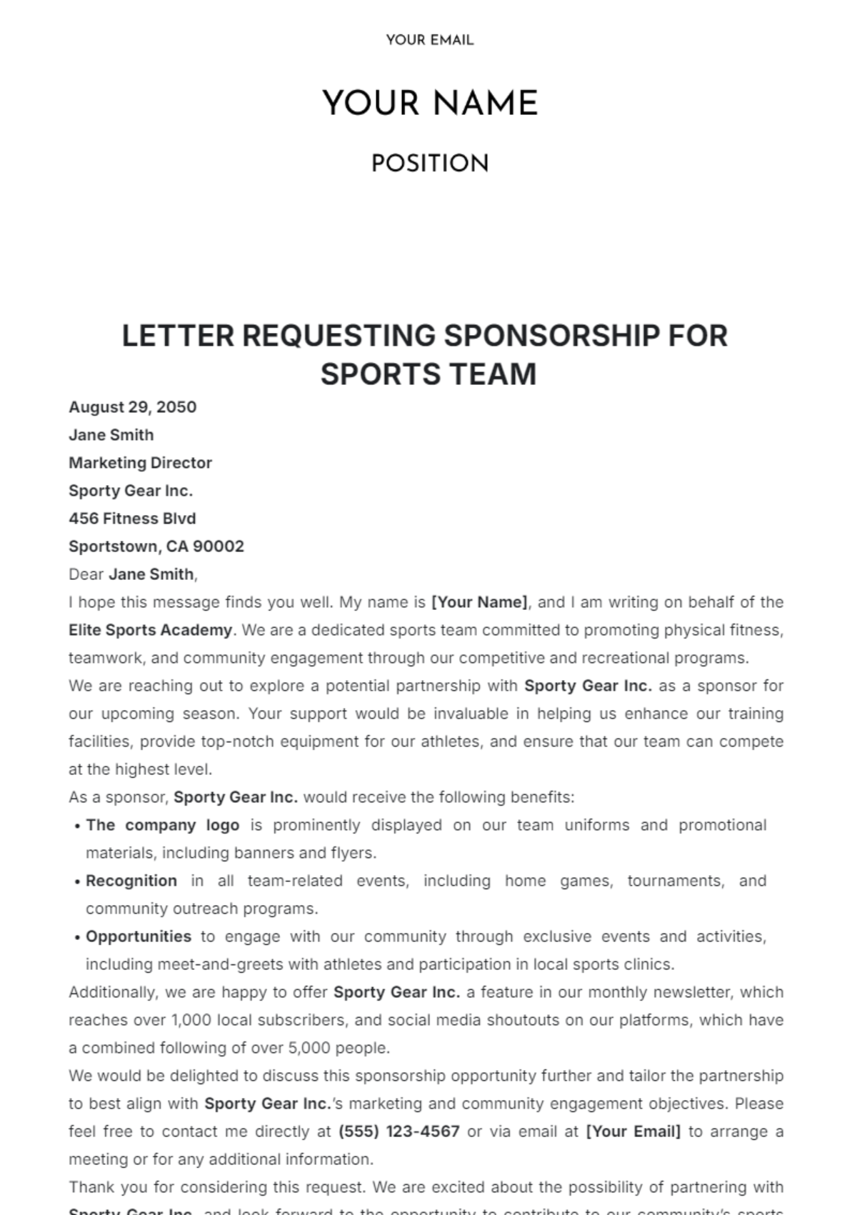 Letter Requesting Sponsorship for Sports Team Template