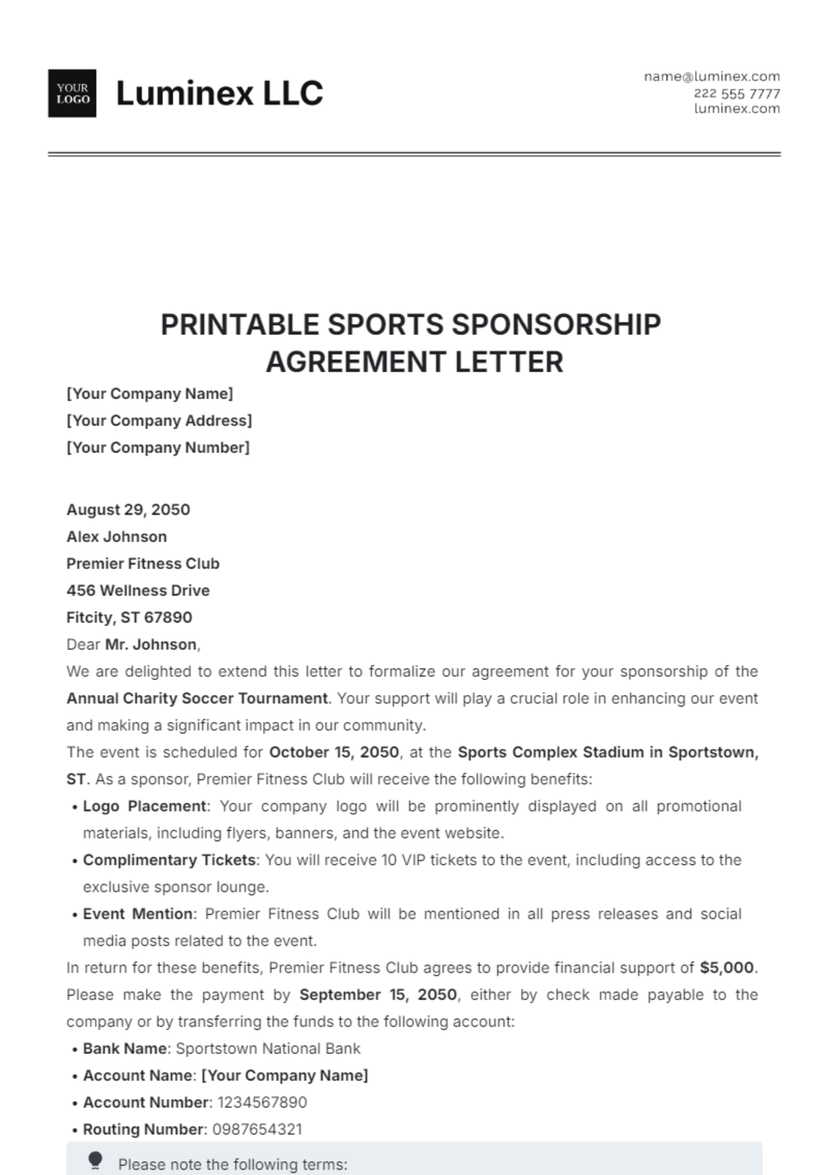 Printable Sports Sponsorship Agreement Letter Template