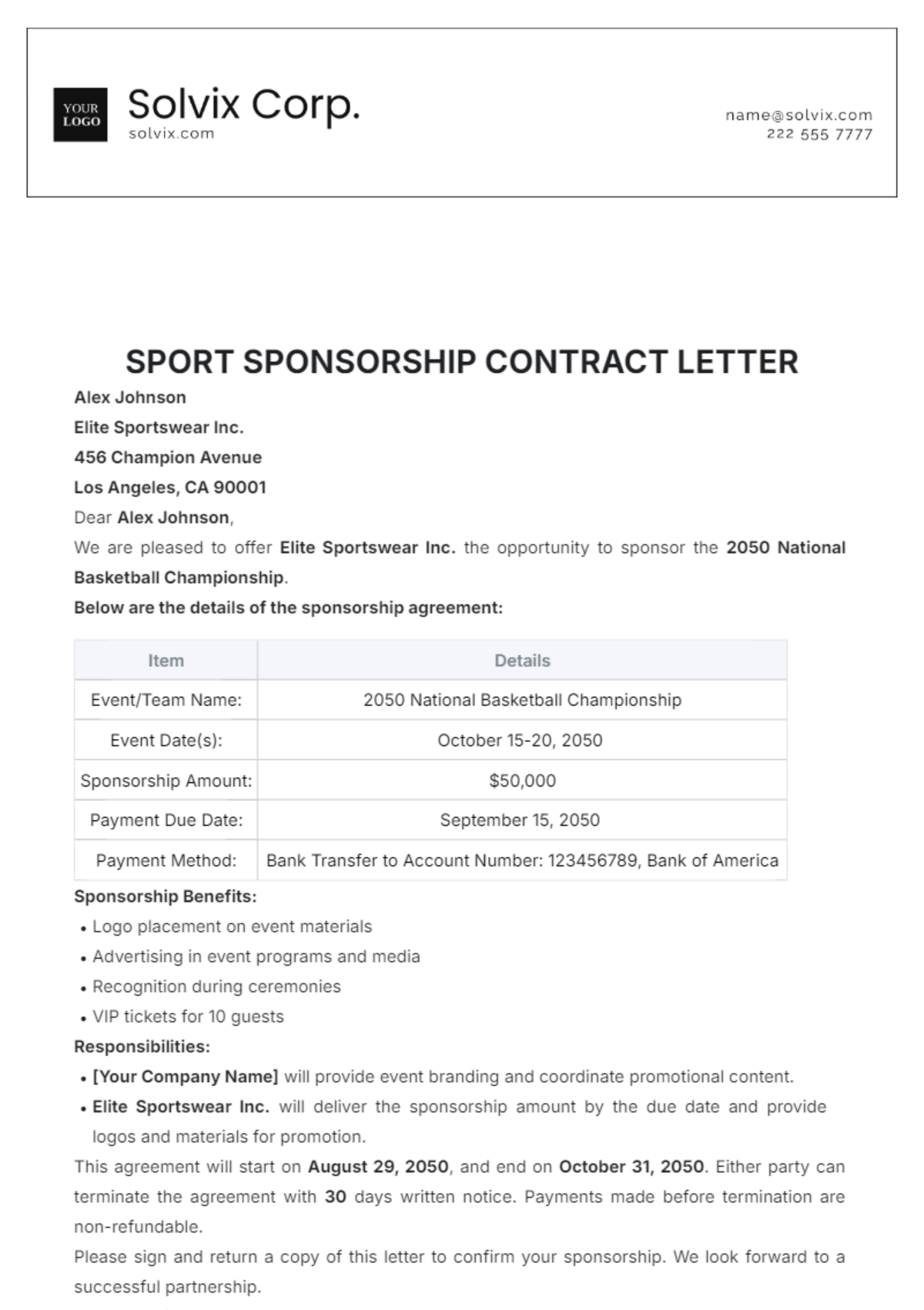 Sports Sponsorship Contract Letter Template