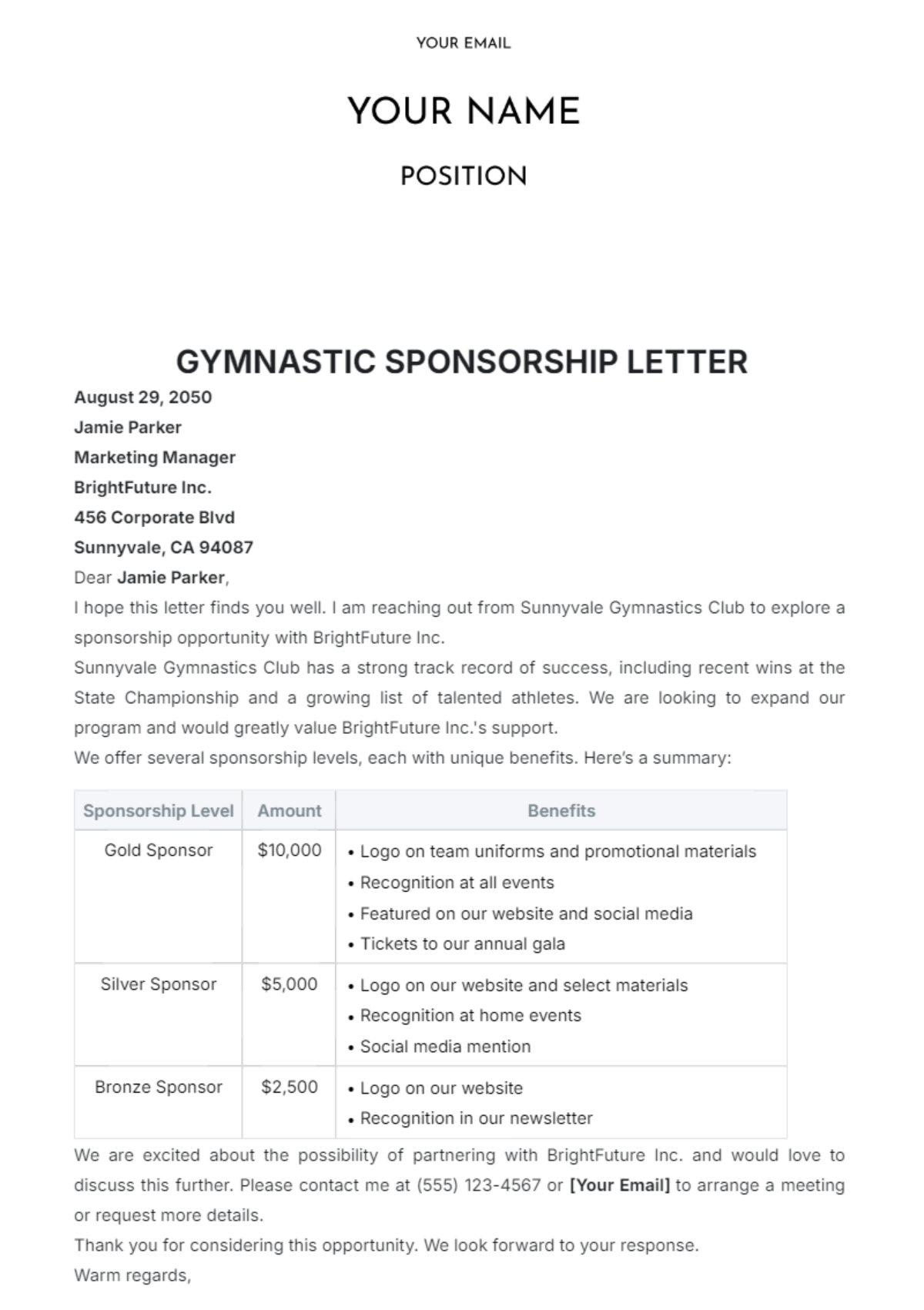 Gymnastics Sponsorship Letter Template