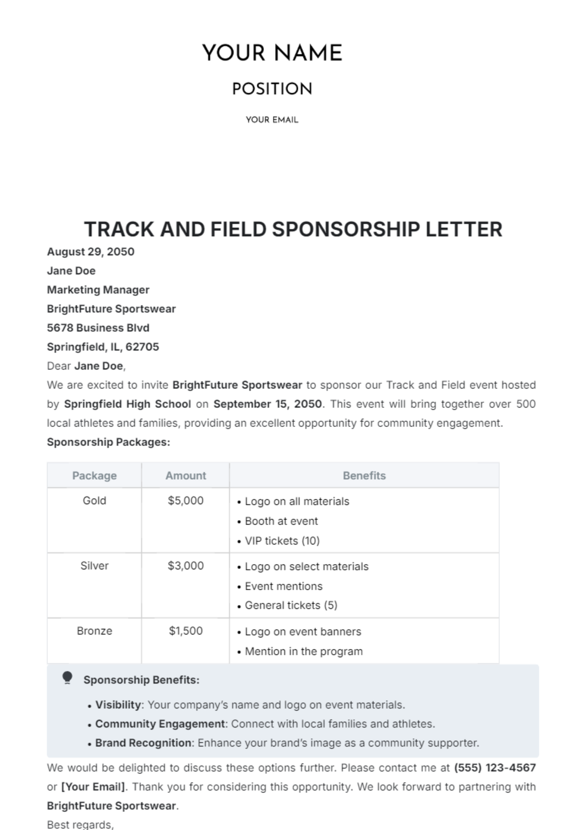 Track and Field Sponsorship Letter Template