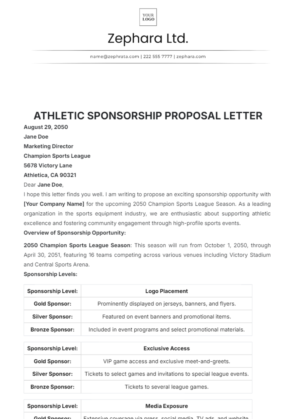 Athletic Sponsorship Proposal Letter Template