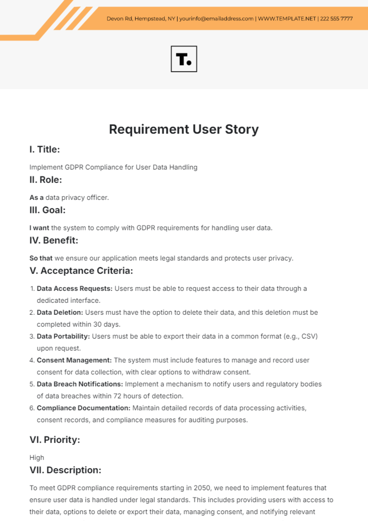 Requirement User Story Template - Edit Online & Download