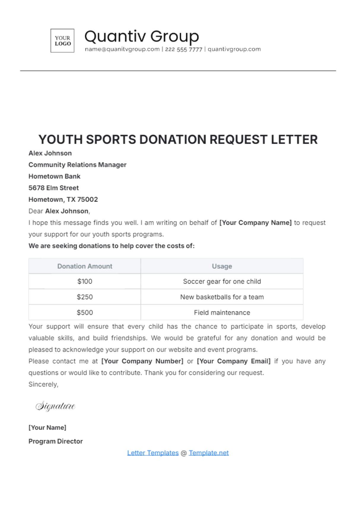 Youth Sports Donation Request Letter Template