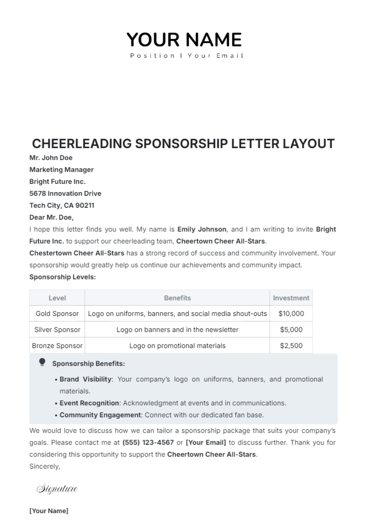 Cheerleading Sponsorship Letter Layout Template