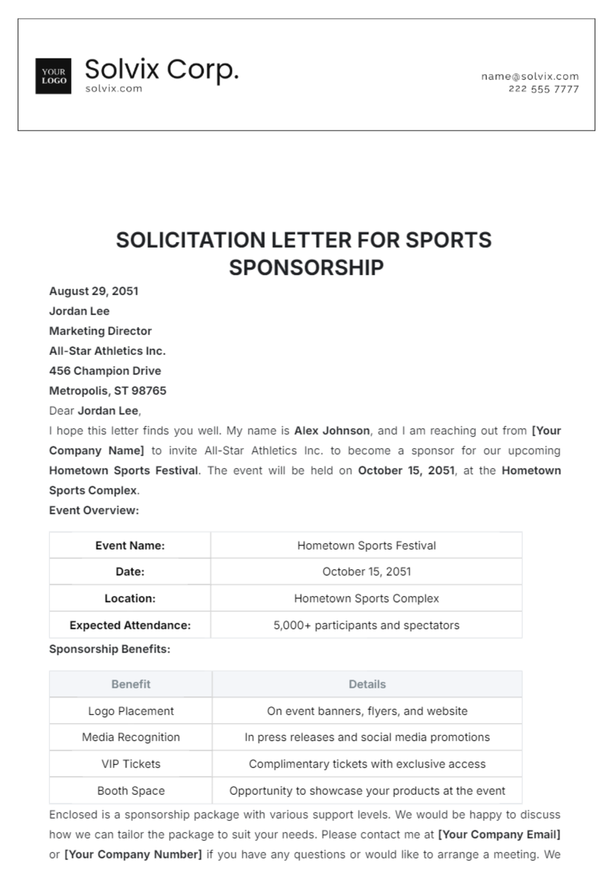 Solicitation Letter for Sports Sponsorship Template