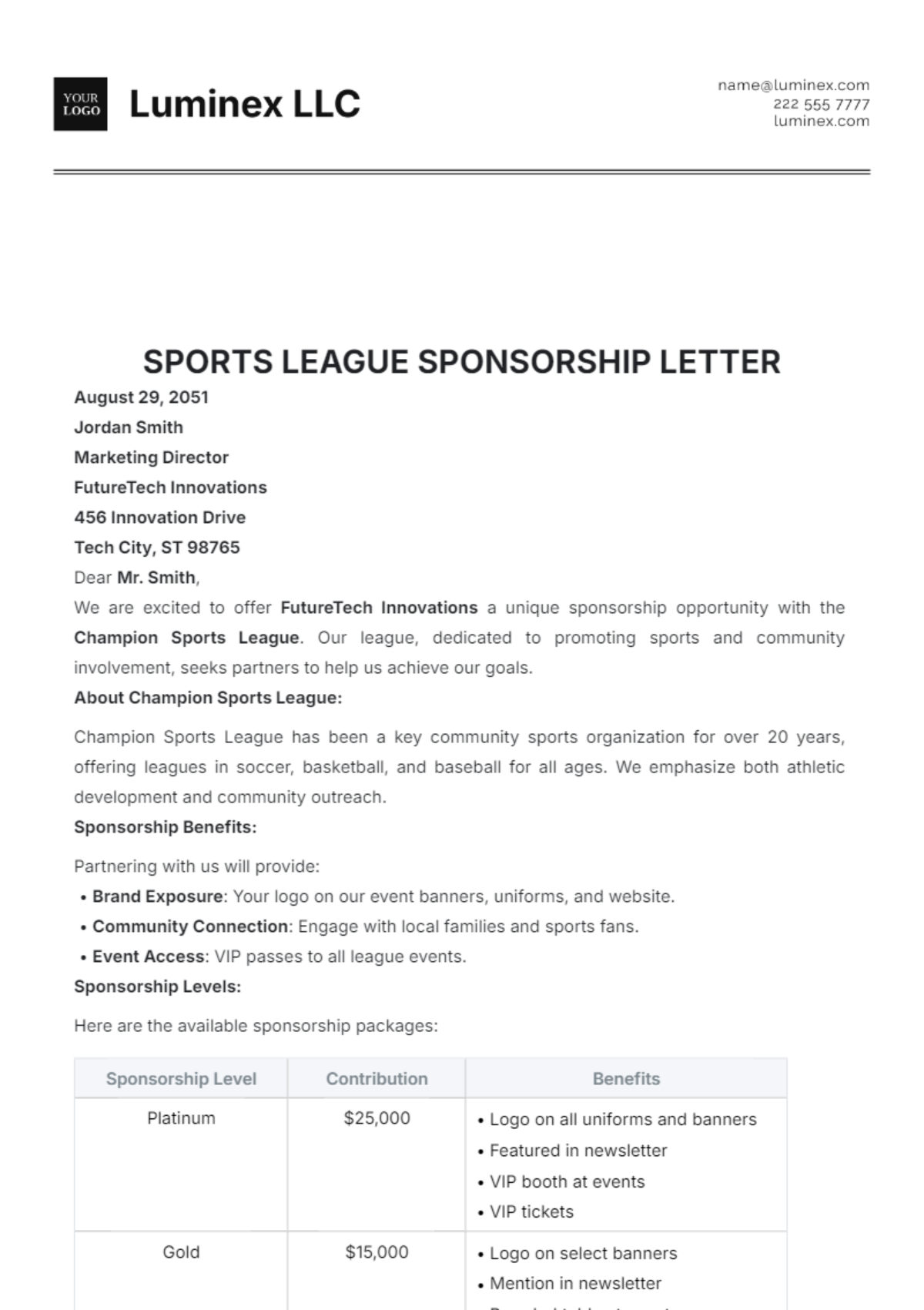 Sports League Sponsorship Letter Template