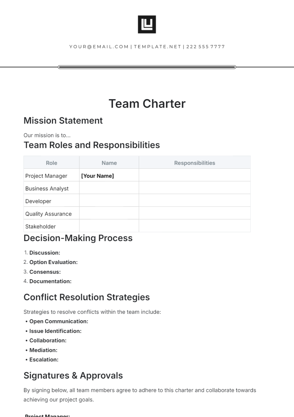 Blank Team Charter Template