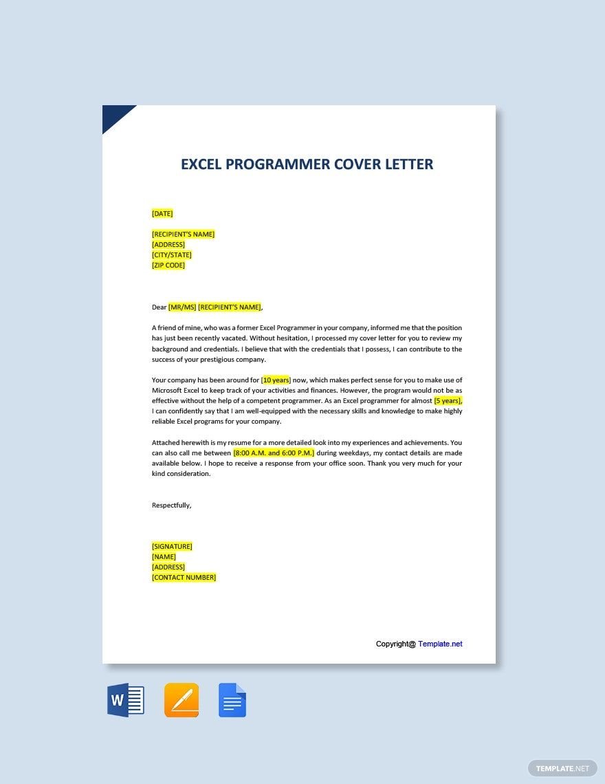 Excel Programmer Cover Letter Template