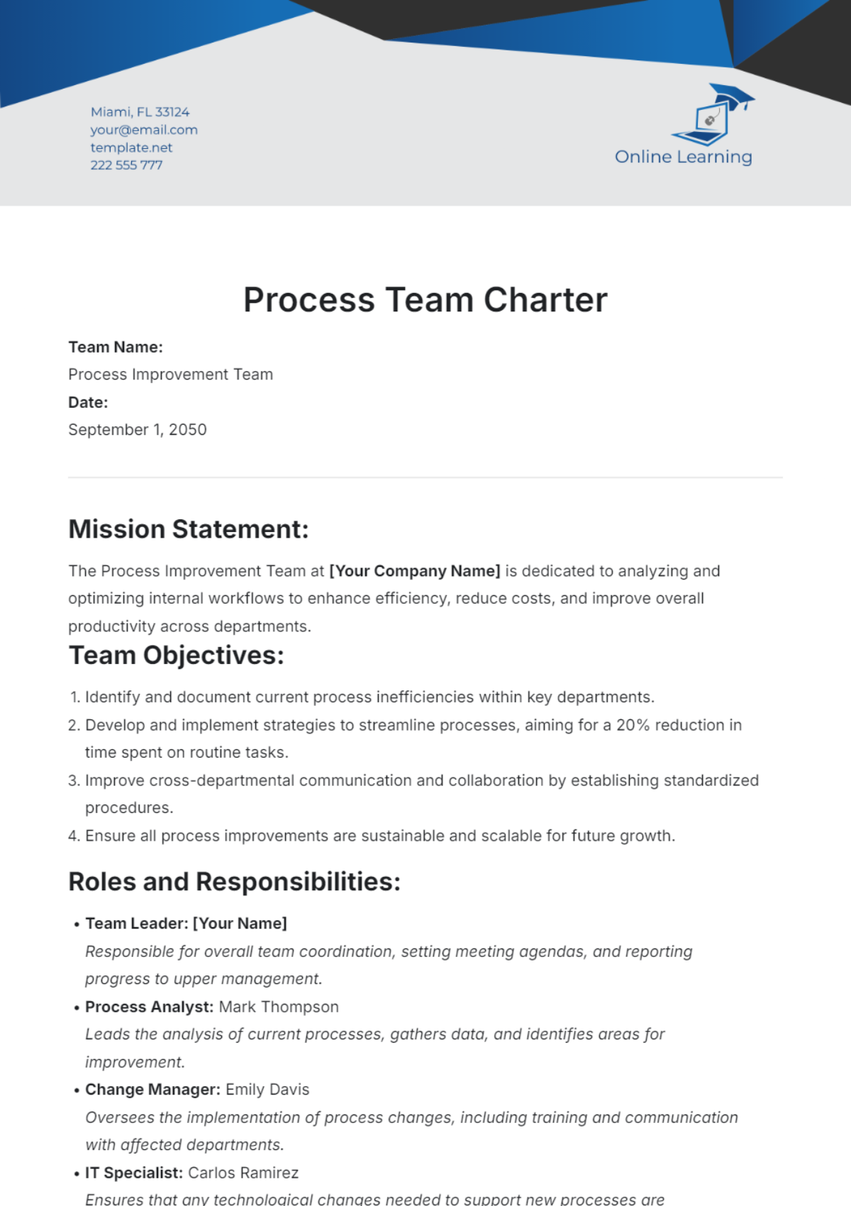 Printable Process Team Charter Template