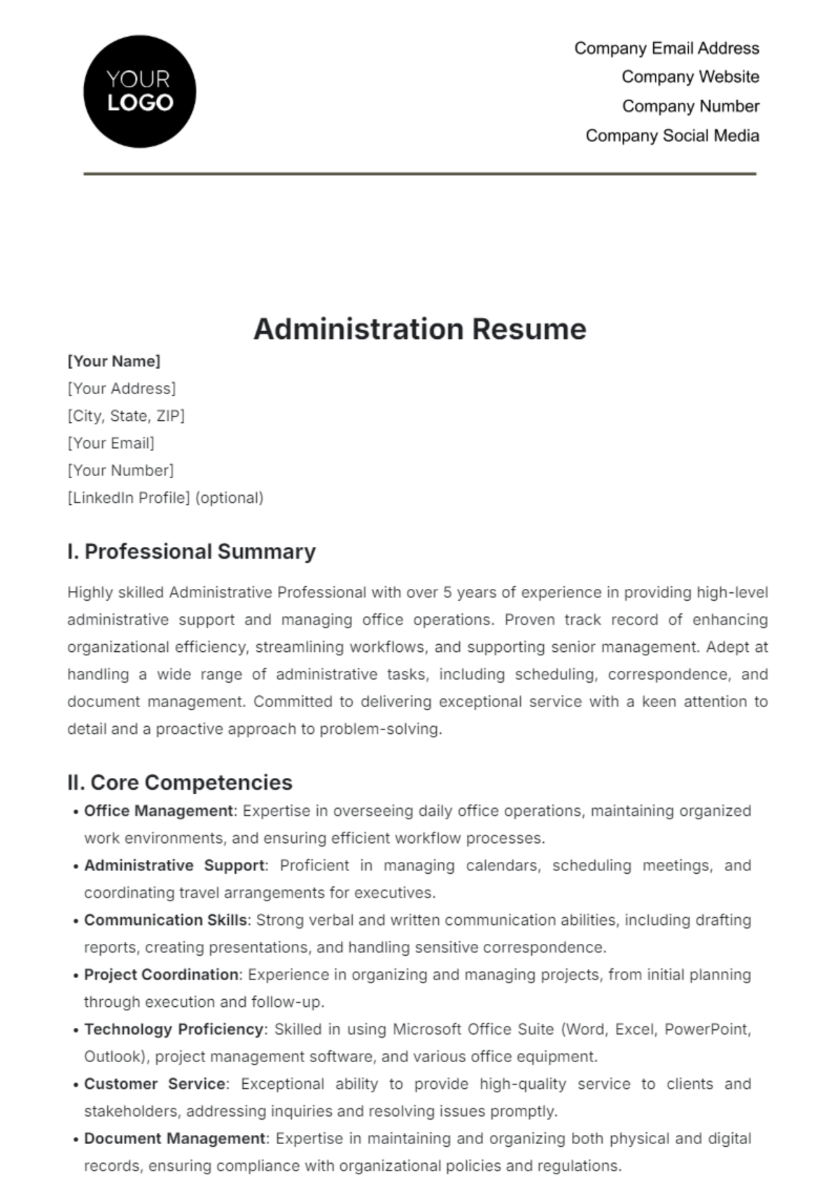 Administration Resume Template