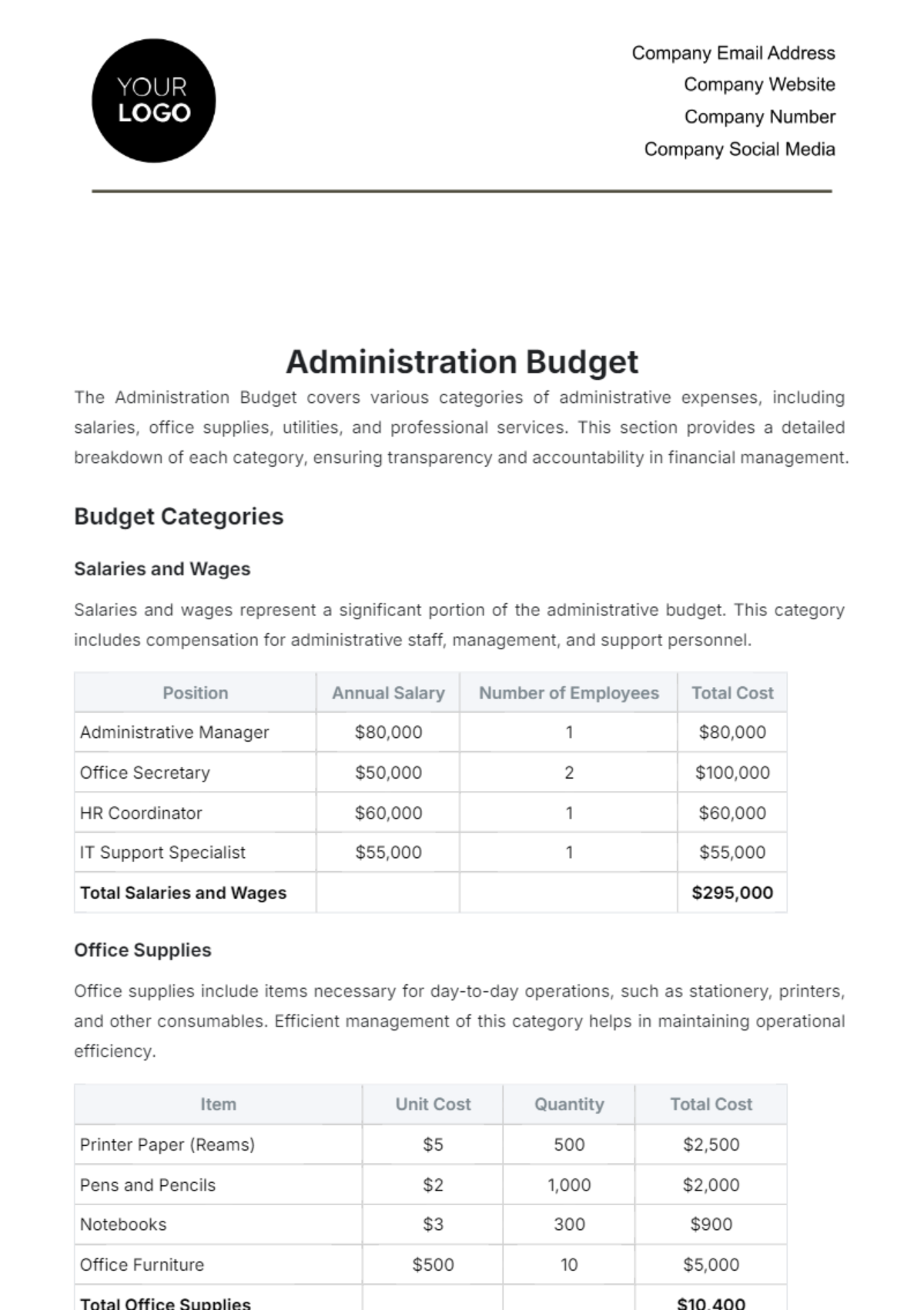 Administration Budget Template - Edit Online & Download