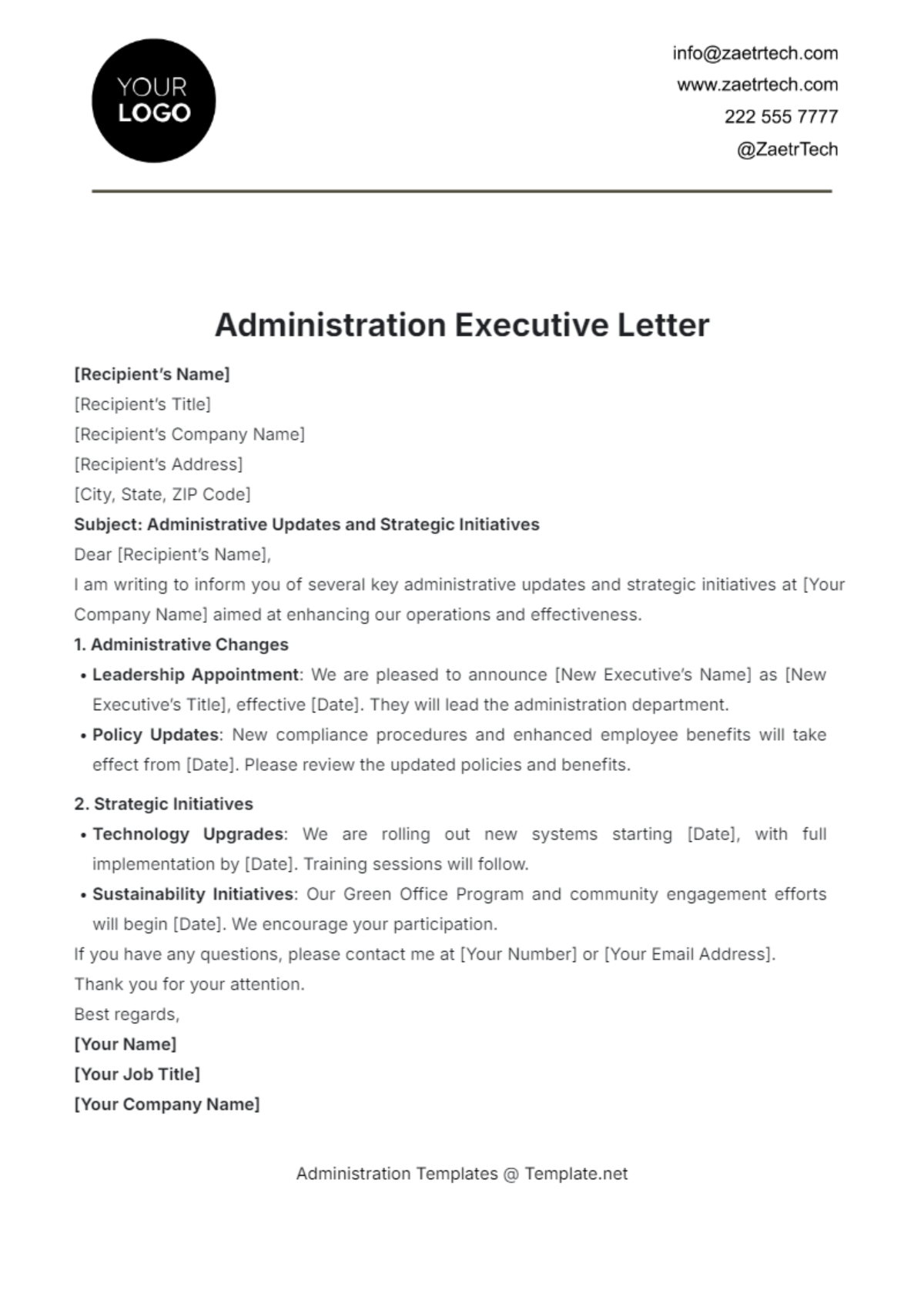 Administration Executive Letter Template - Edit Online & Download