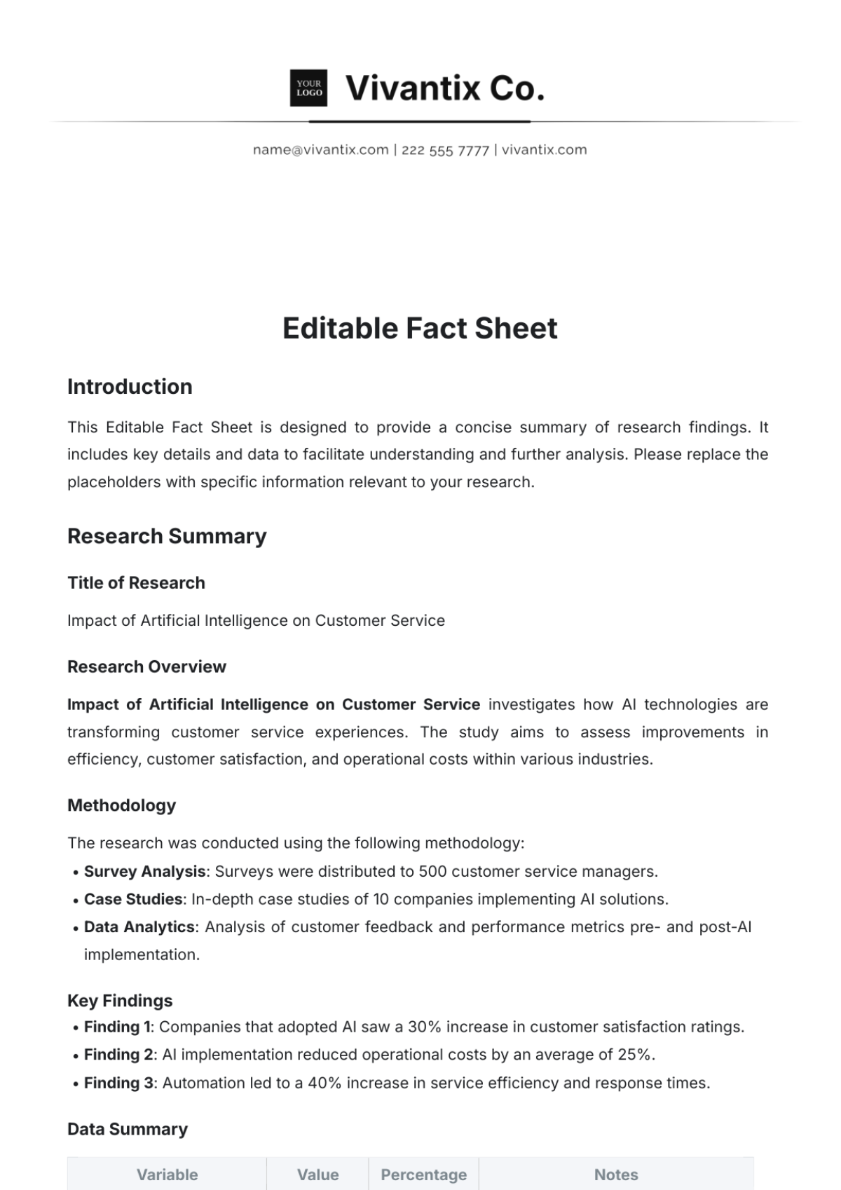 Editable Fact Sheet Format Template